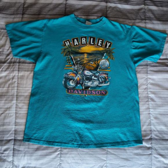 VTG 1990 Harley Davidson 3D Emblem T Shirt XL Single Stitch 90s Beach Blue USA - Picture 1 of 10